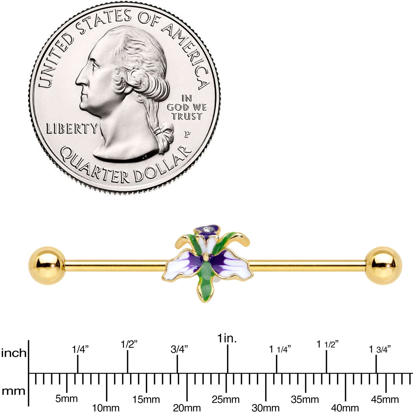 14 Gauge Clear Gem Gold Tone Iris Flower Industrial Barbell 38mm