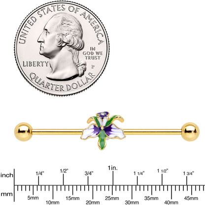 14 Gauge Clear Gem Gold Tone Iris Flower Industrial Barbell 38mm