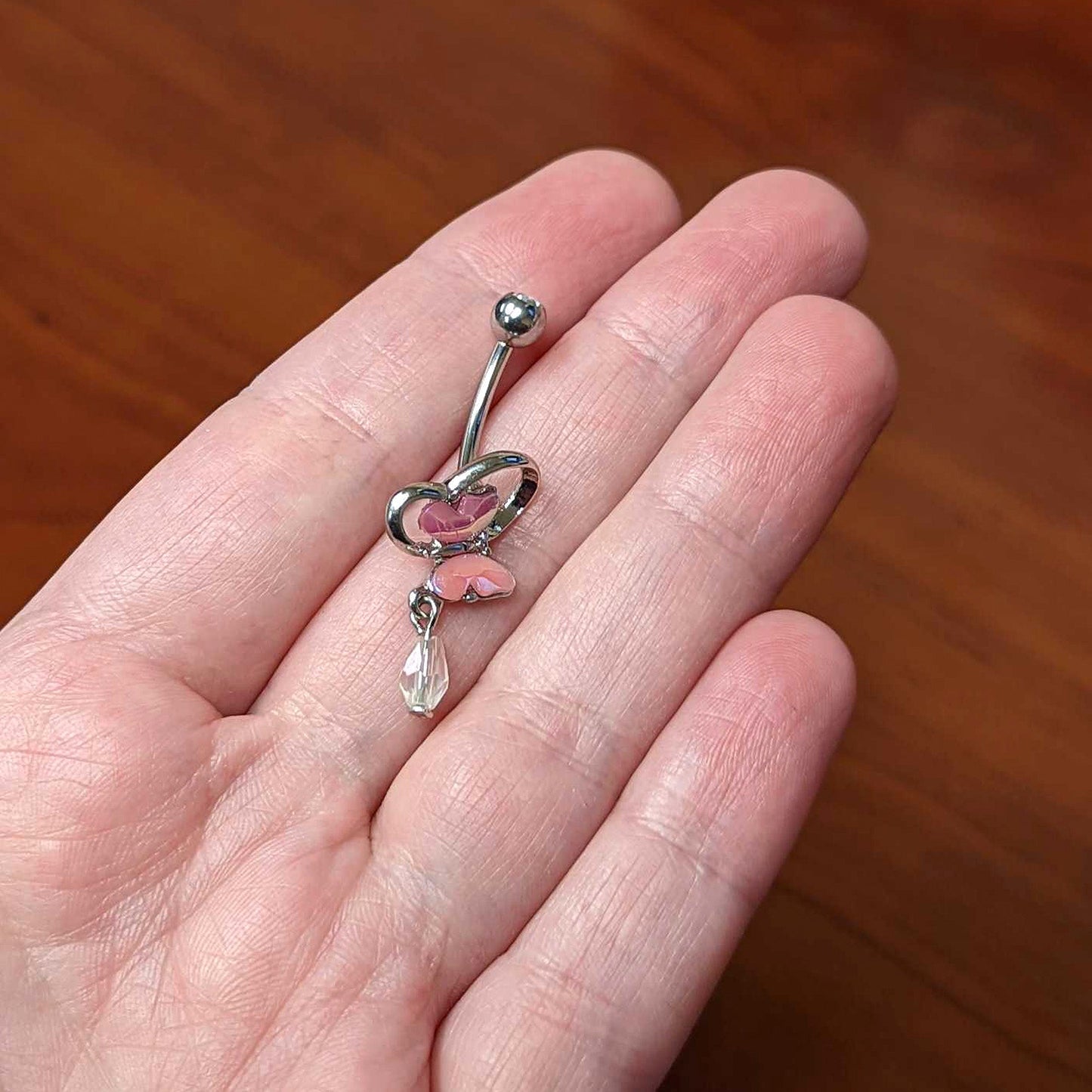 Clear Gem Heart Pink Butterfly Dangle Belly Ring