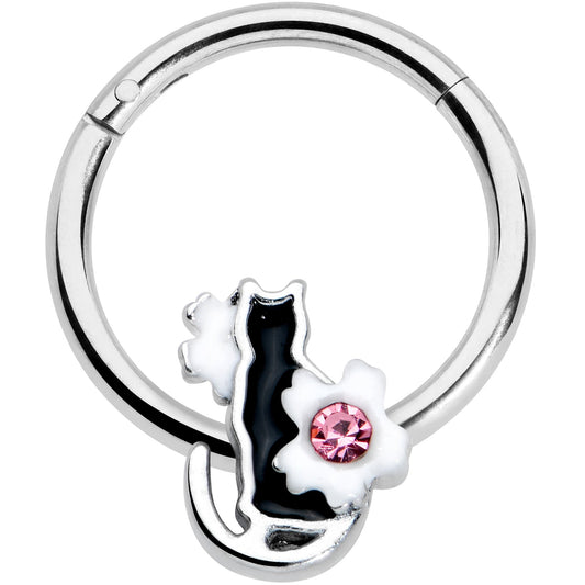 16 Gauge 3/8 Pink Gem Black Cat White Flowers Hinged Segment Ring