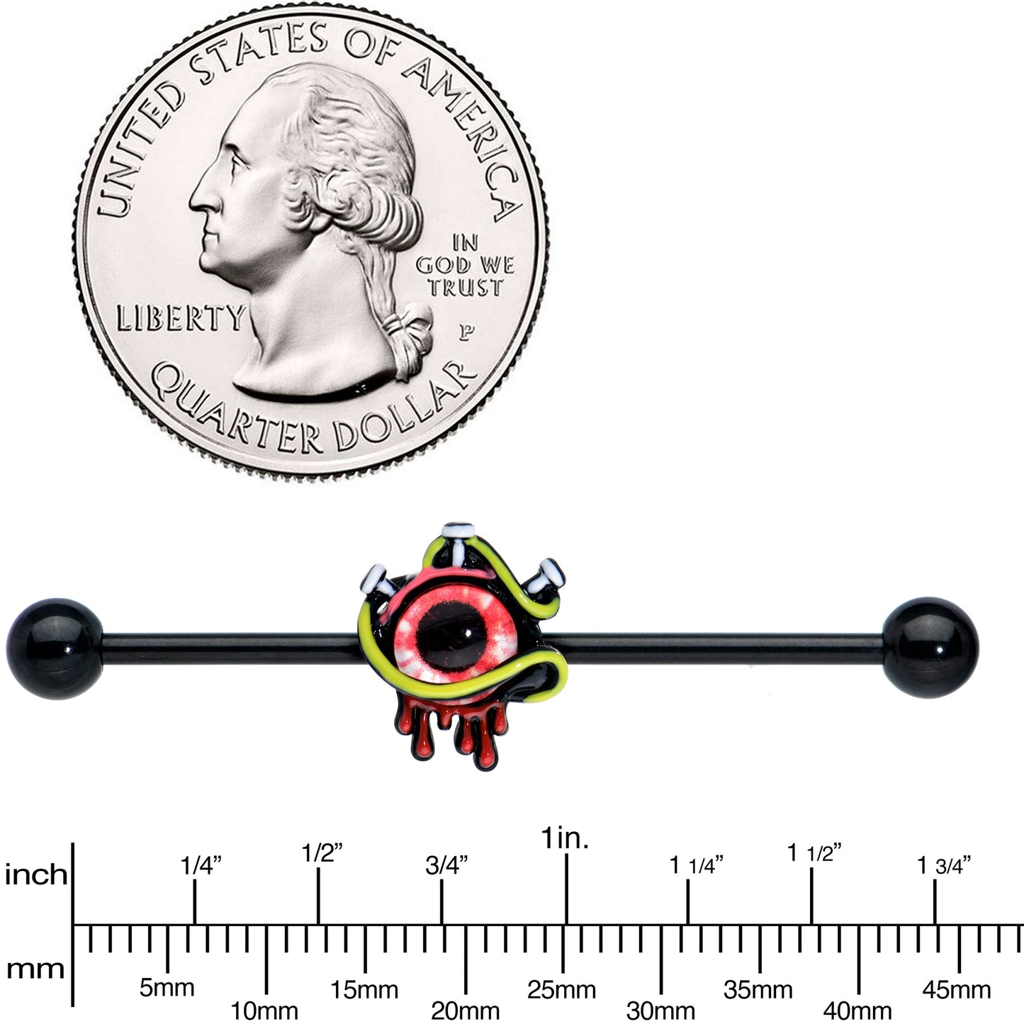 14 Gauge Black Spiky Eyeball Halloween Industrial Barbell 38mm