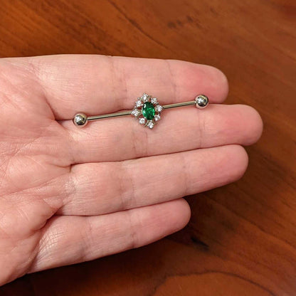 14 Gauge Clear Green Gem Ornate Art Deco Industrial Barbell 38mm