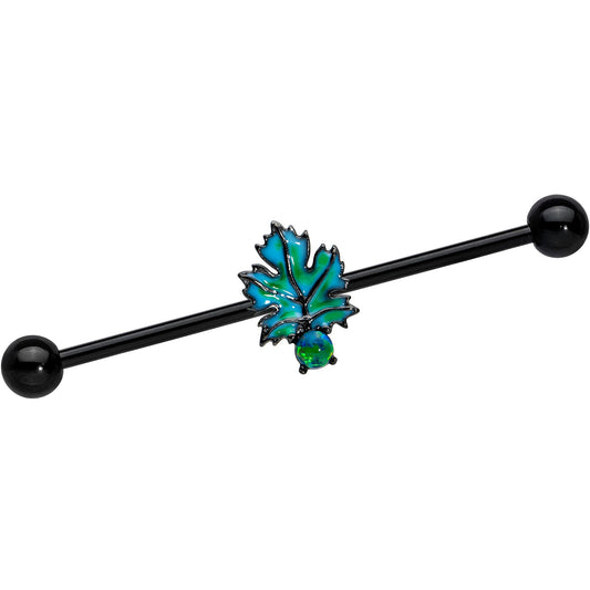 14 Gauge Green Synthetic Opal Black Fall Leaf Industrial Barbell 38mm