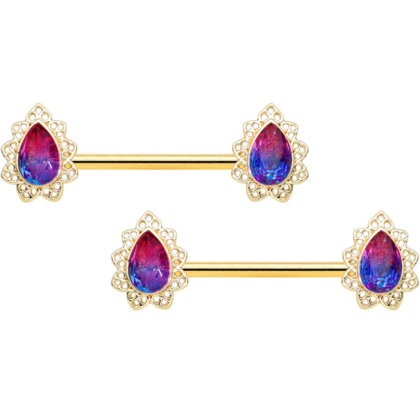 14 Gauge 9/16 Purple Tourmaline Gold Tone Drop Barbell Nipple Ring Set