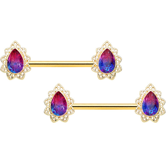 14 Gauge 9/16 Purple Tourmaline Gold Tone Drop Barbell Nipple Ring Set