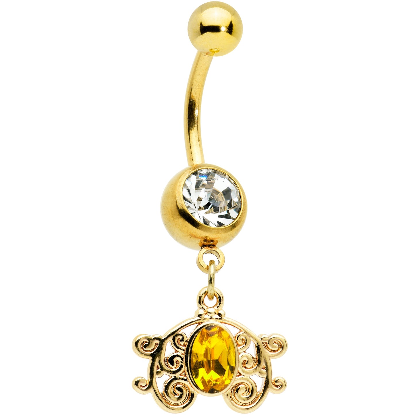 Clear Yellow Gold Tone Duet Scroll Dangle Belly Ring