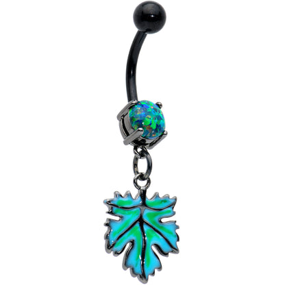 Green Synthetic Opal Black Fall Green Leaf Dangle Belly Ring