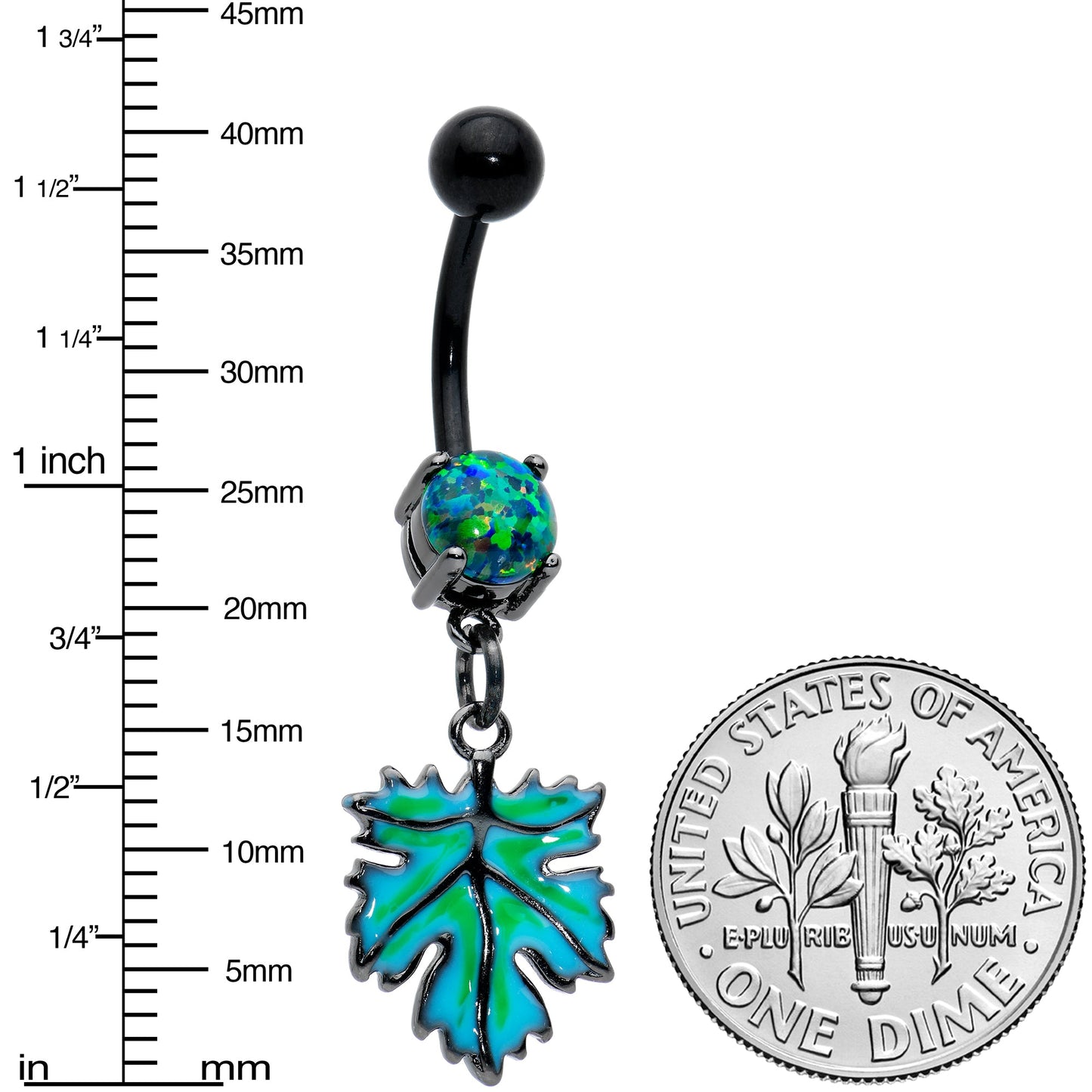 Green Synthetic Opal Black Fall Green Leaf Dangle Belly Ring