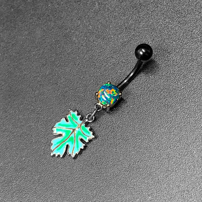 Green Synthetic Opal Black Fall Green Leaf Dangle Belly Ring