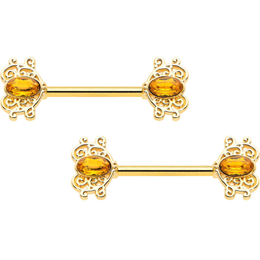 14 Gauge 9/16 Yellow Gem Gold Hue Duet Scroll Barbell Nipple Ring Set