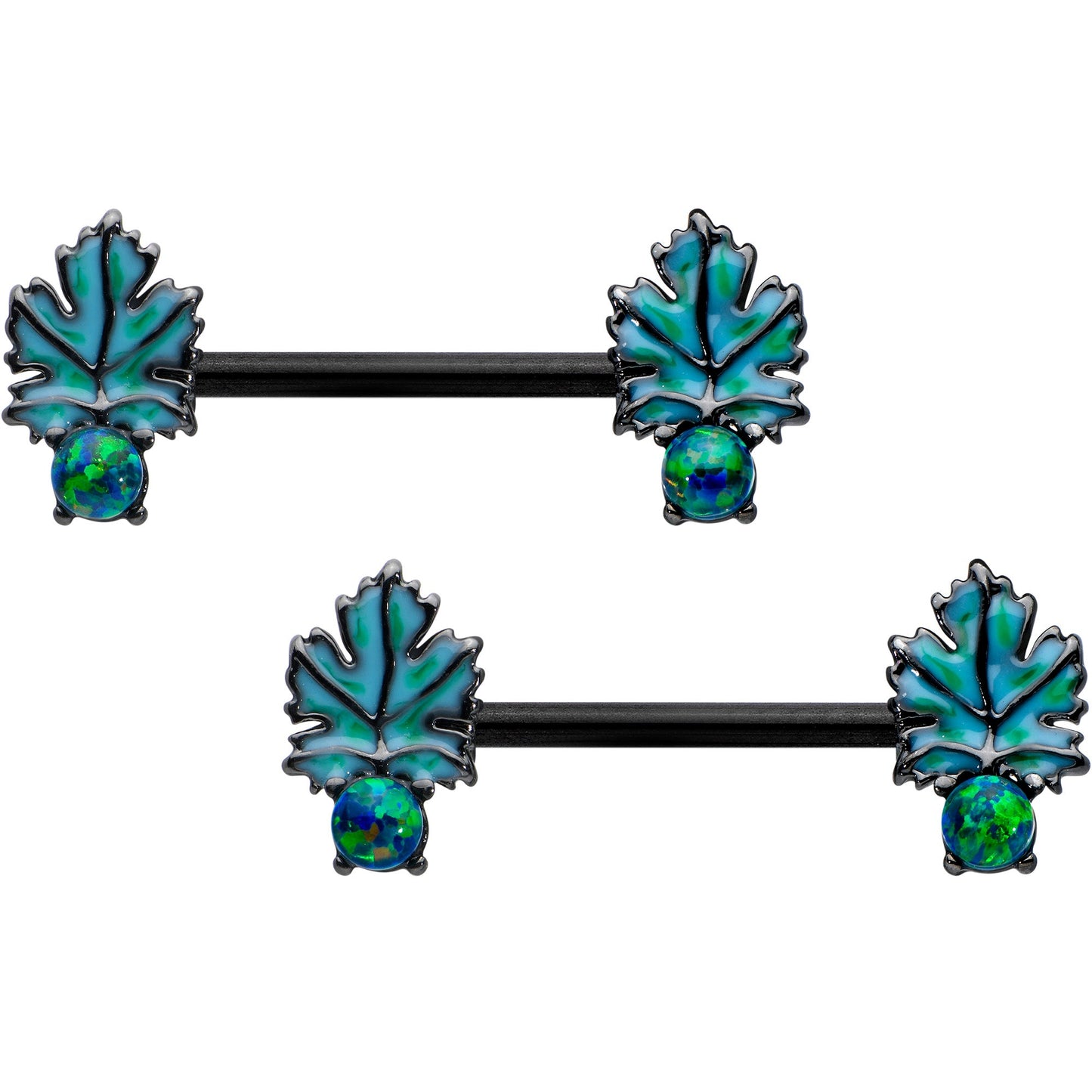 14 Gauge 1/2 Green Synthetic Opal Black Fall Leaf Nipple Ring Set