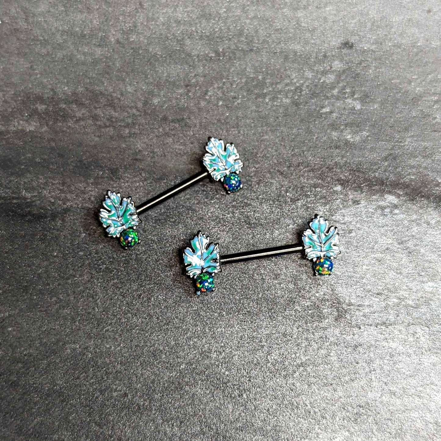 14 Gauge 1/2 Green Synthetic Opal Black Fall Leaf Nipple Ring Set