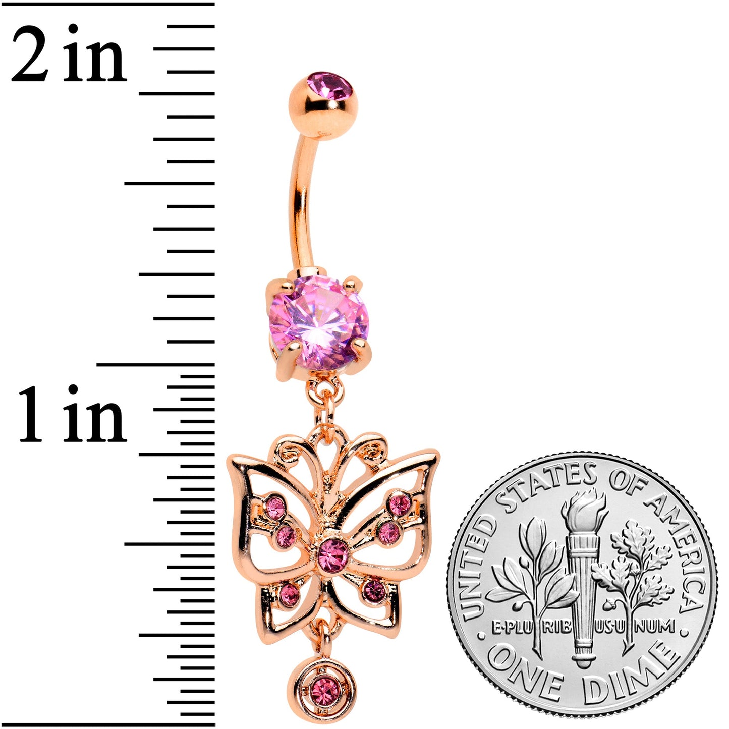 Pink CZ Gem Rose Gold Tone Butterfly Dangle Belly Ring