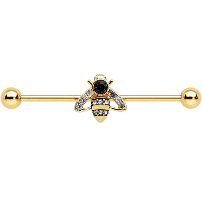 14 Gauge Clear Black Gem Gold Tone Angular Bee Industrial Barbell 38mm