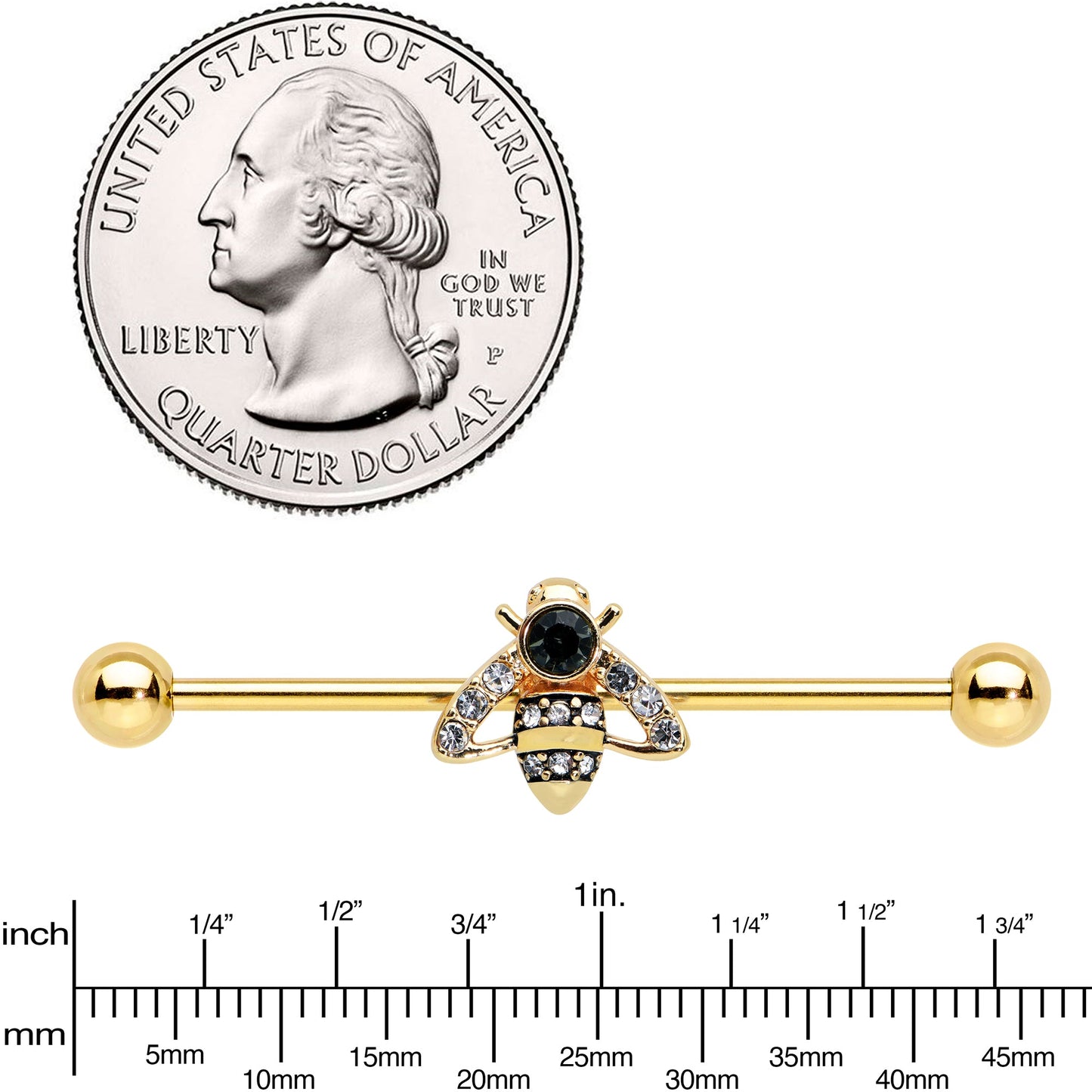 14 Gauge Clear Black Gem Gold Tone Angular Bee Industrial Barbell 38mm