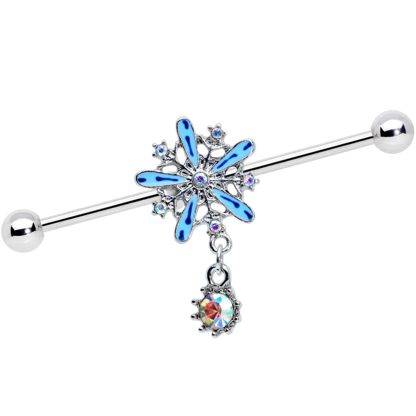 14 Gauge Aurora Gem Snowflake Blues Christmas Industrial Barbell 38mm