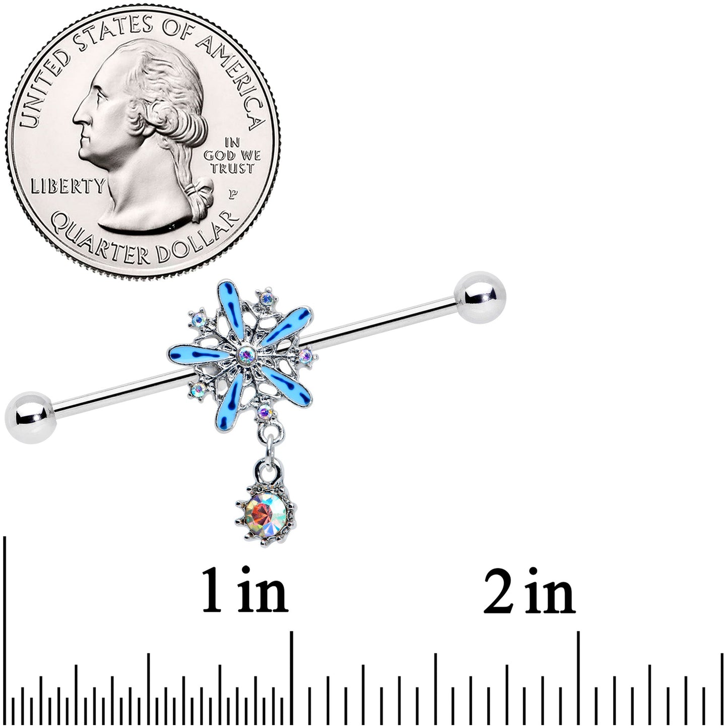 14 Gauge Aurora Gem Snowflake Blues Christmas Industrial Barbell 38mm