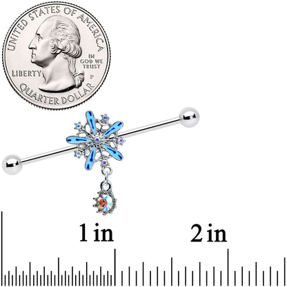 14 Gauge Aurora Gem Snowflake Blues Christmas Industrial Barbell 38mm