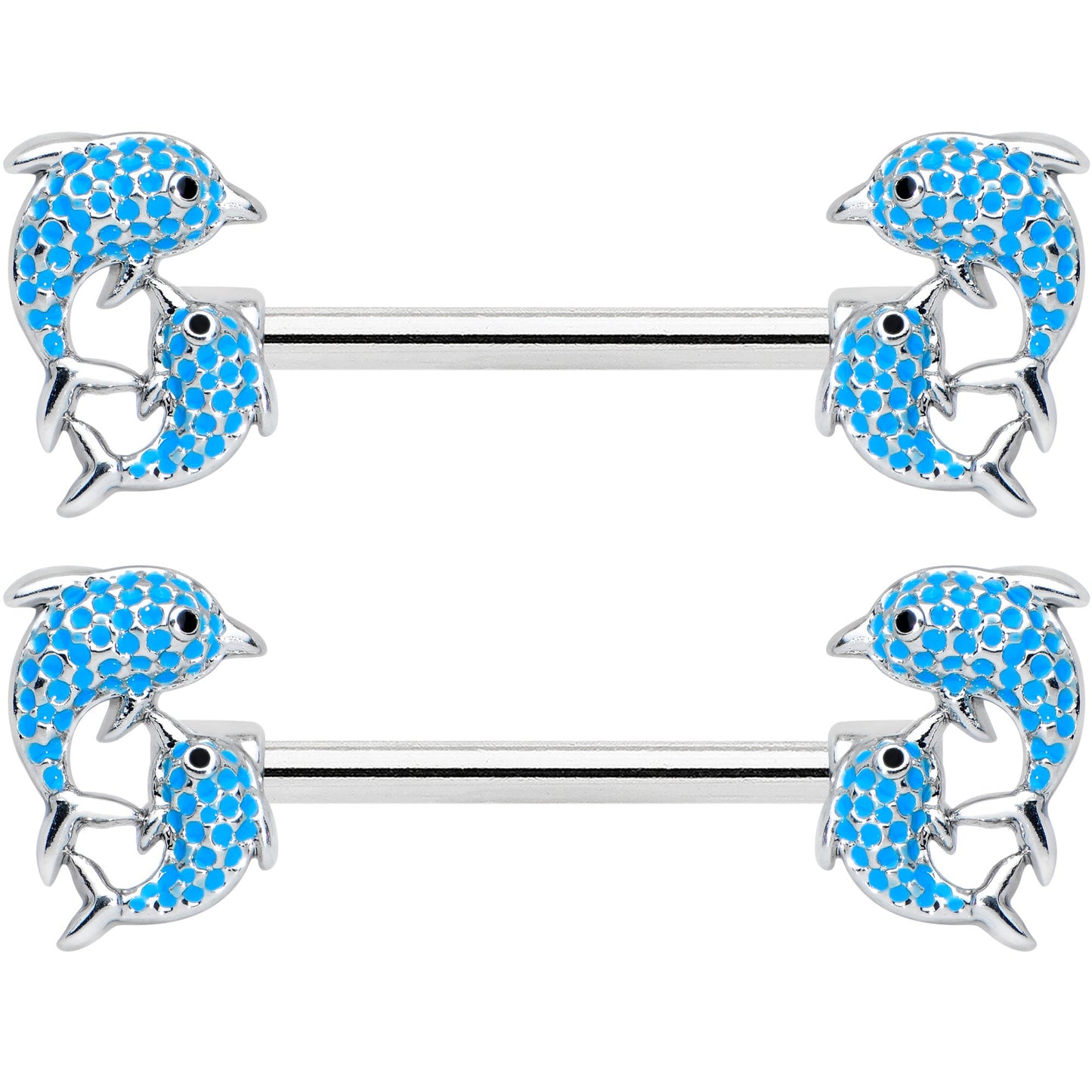 14 Gauge 9/16 Black Blue Gem Leaping Dolphin Barbell Nipple Ring Set