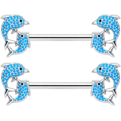 14 Gauge 9/16 Black Blue Gem Leaping Dolphin Barbell Nipple Ring Set