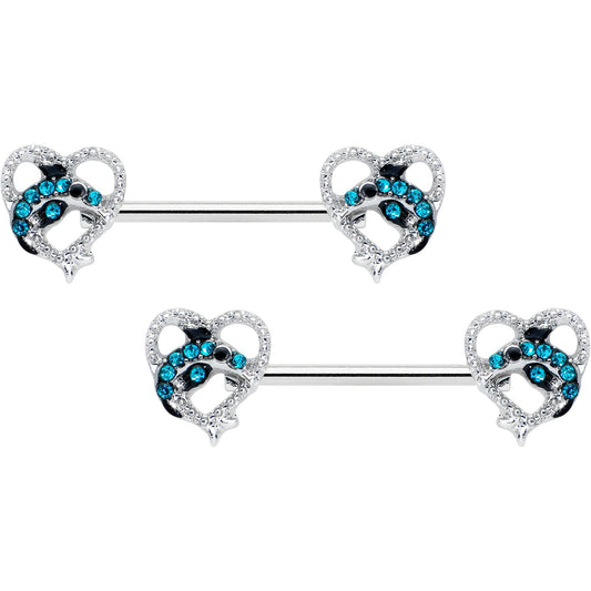 14 Gauge 9/16 Clear Blue Gem Dolphin Heart Barbell Nipple Ring Set