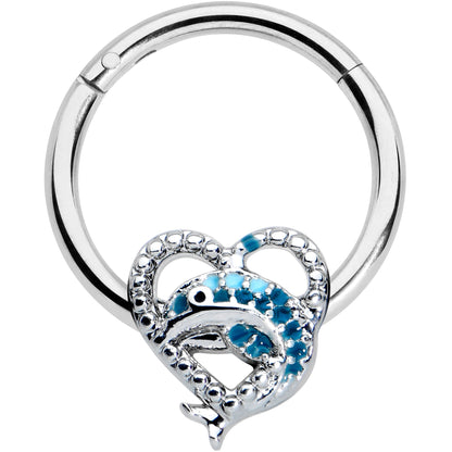 16 Gauge 3/8 Textured Blue Dolphin Heart Hinged Segment Ring