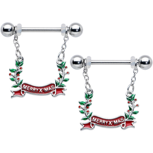 14 Gauge 9/16 Festive Merry Christmas Chain Dangle Nipple Ring Set