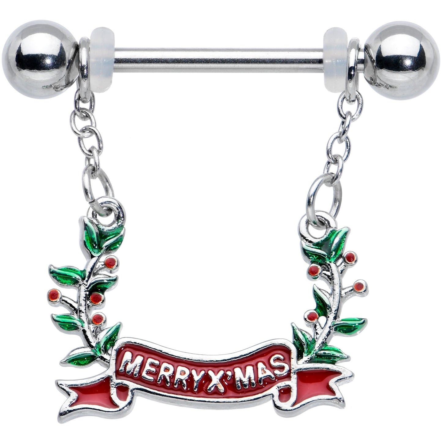 14 Gauge 9/16 Festive Merry Christmas Chain Dangle Nipple Ring Set