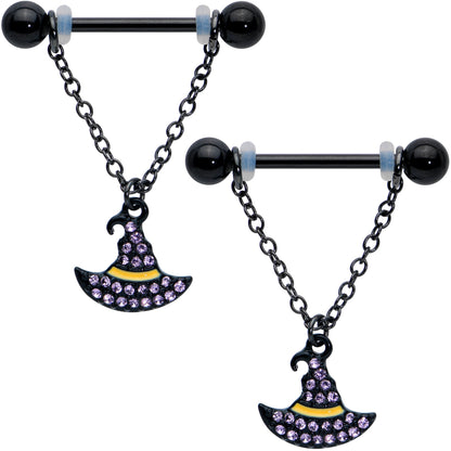 14 Gauge 9/16 Clear Gem Black Witch Hat Chain Dangle Nipple Ring Set