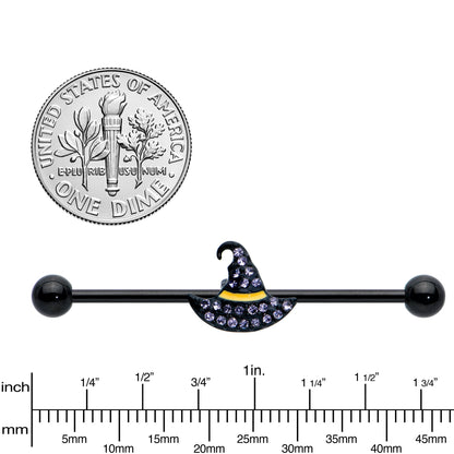 14 Gauge Clear Gem Black Witch Hat Halloween Industrial Barbell 38mm