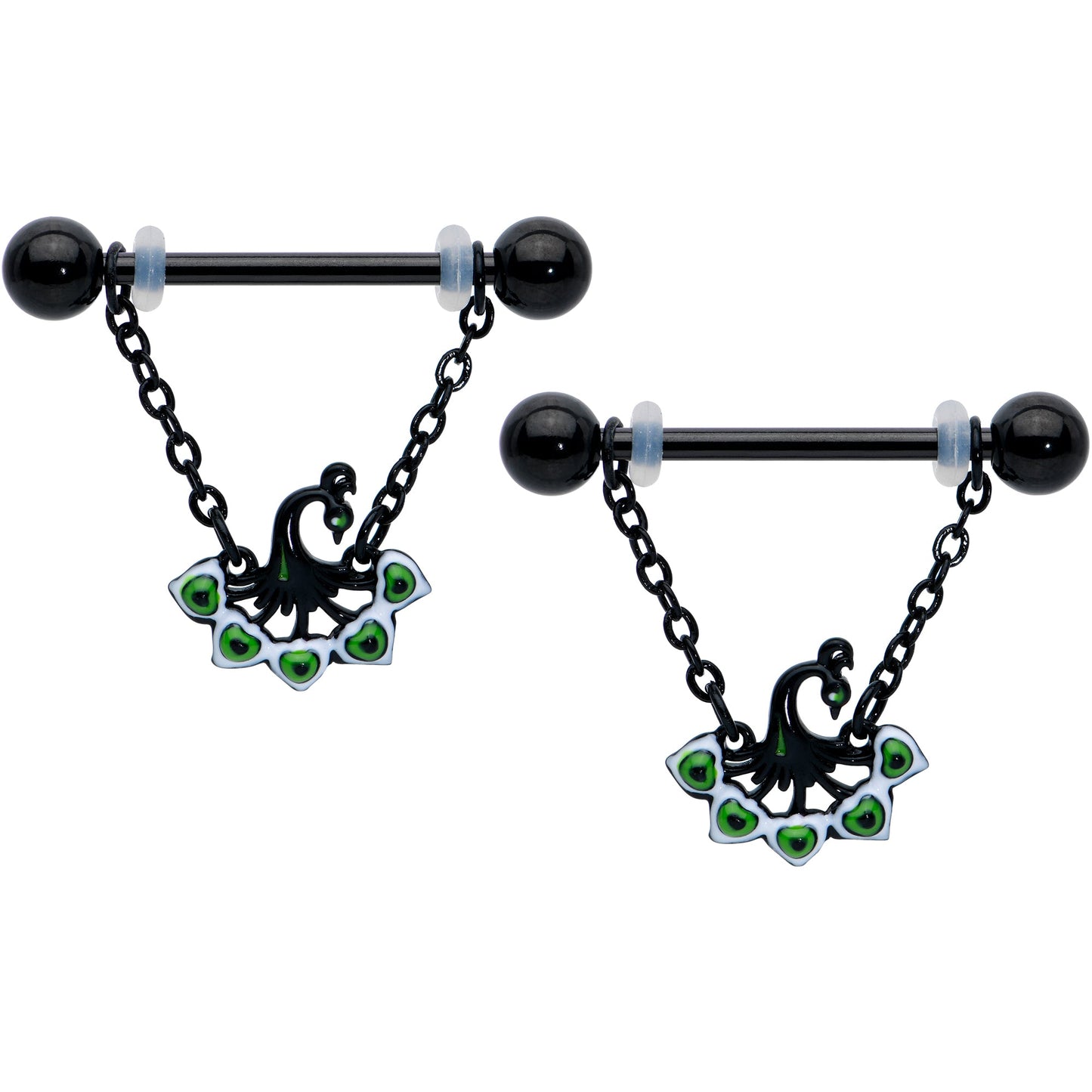 14 Gauge 11/16 Black Green Peacock Dangle Barbell Nipple Ring Set