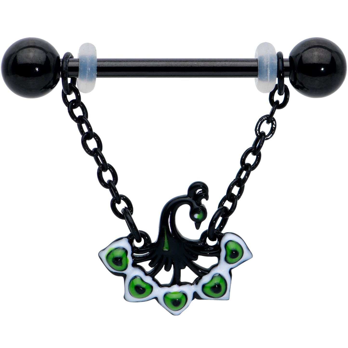 14 Gauge 11/16 Black Green Peacock Dangle Barbell Nipple Ring Set