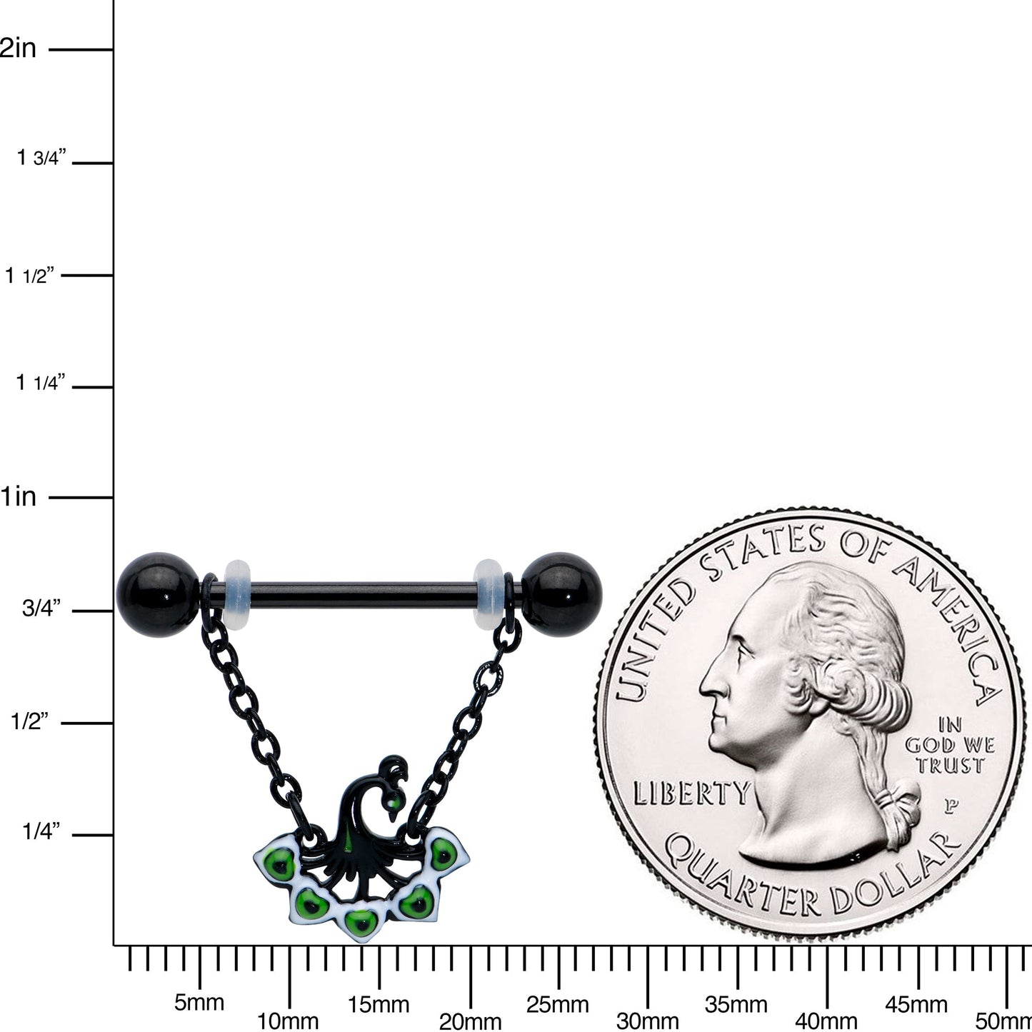 14 Gauge 11/16 Black Green Peacock Dangle Barbell Nipple Ring Set