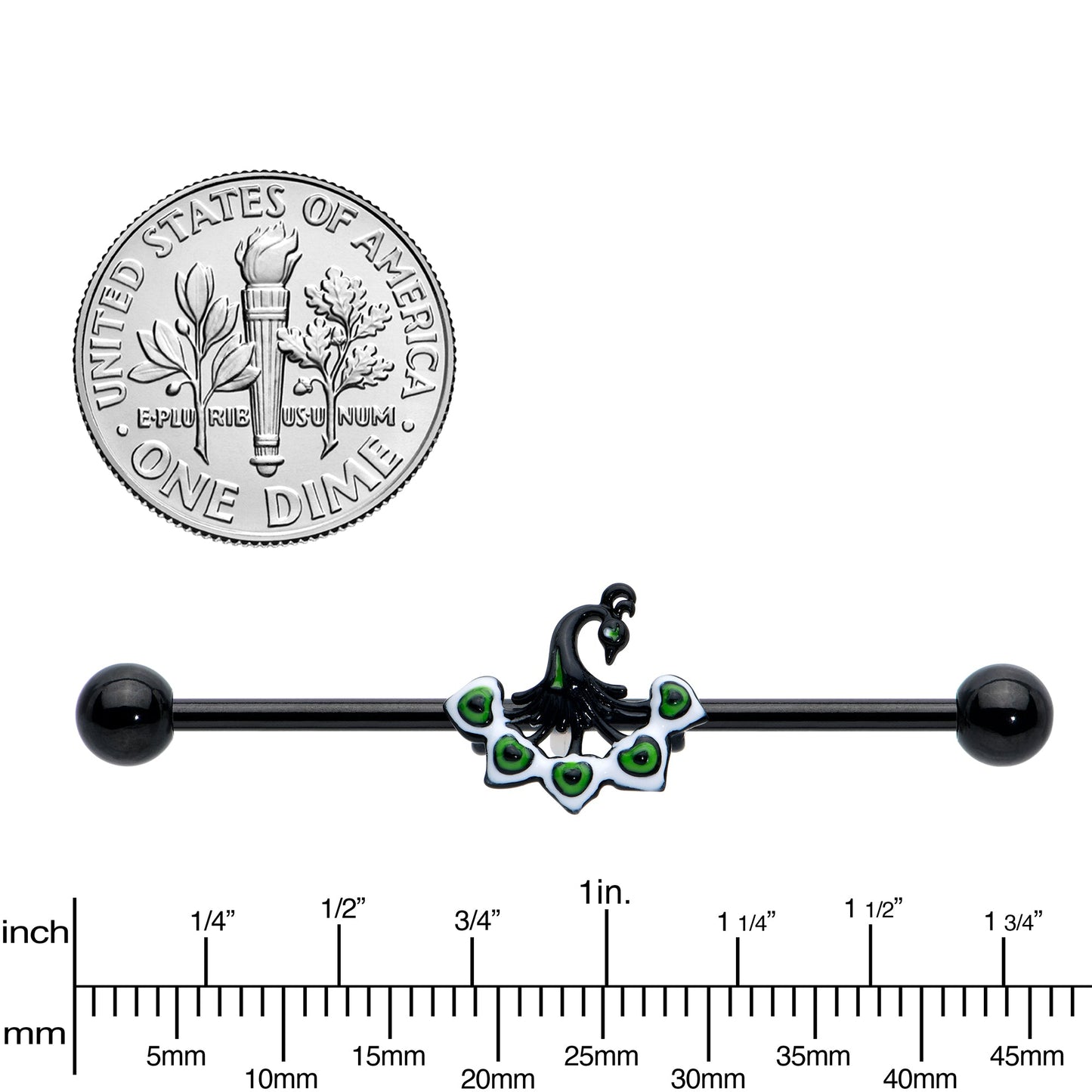 14 Gauge Black Green Pretty Peacock Industrial Barbell 38mm