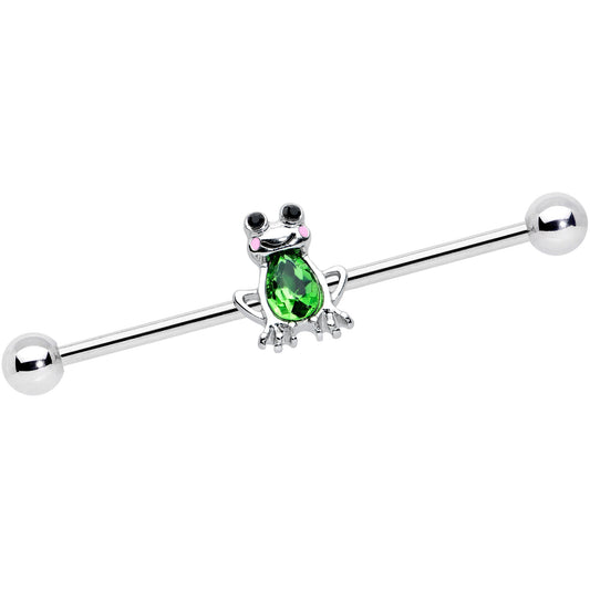 14 Gauge Light Green Gem Groovy Frog Industrial Barbell 38mm