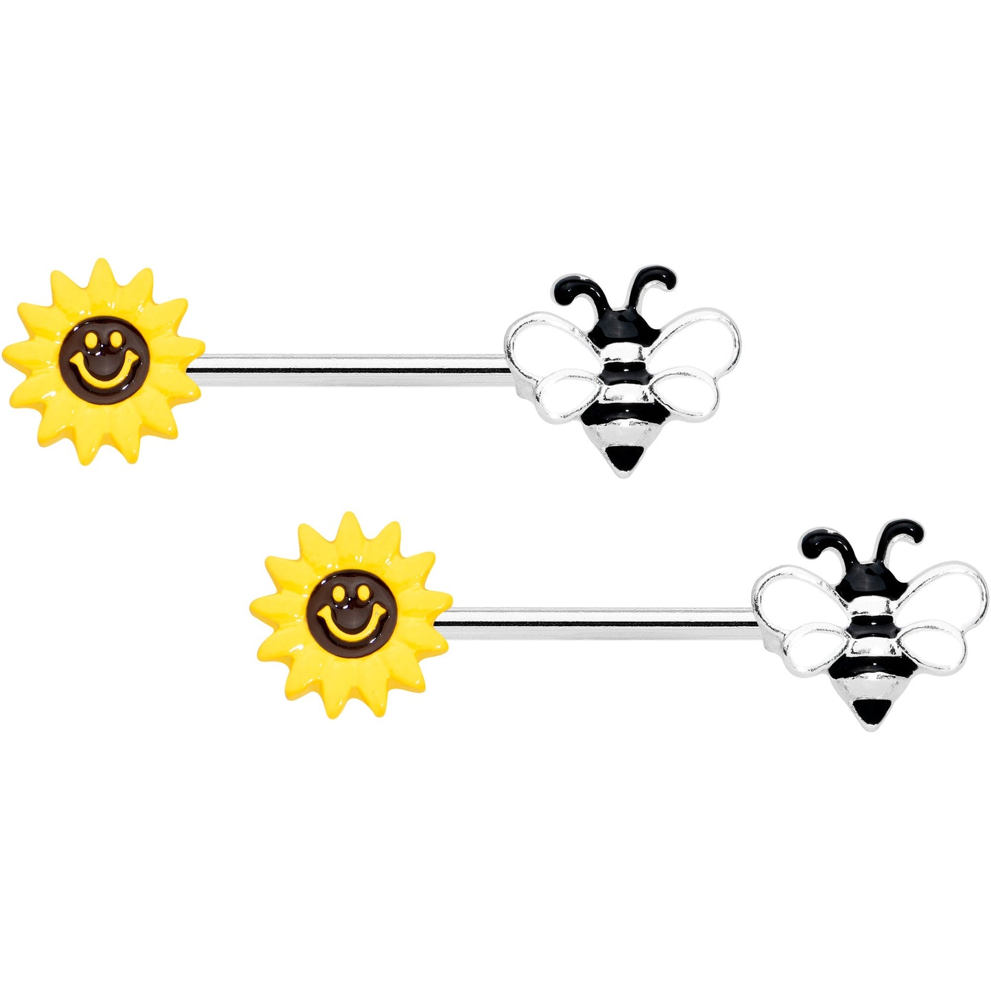 14 Gauge 9/16 Bee Smiley Sunflower Barbell Nipple Ring Set