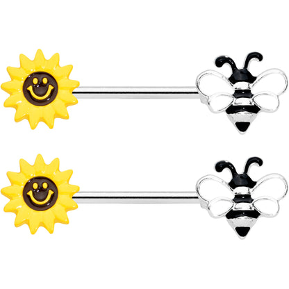 14 Gauge 9/16 Bee Smiley Sunflower Barbell Nipple Ring Set