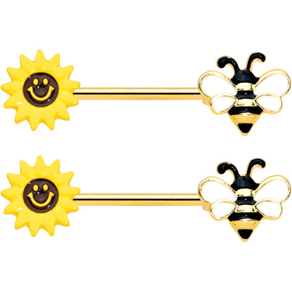 14 Gauge 9/16 Gold Tone Bee Smiley Sunflower Barbell Nipple Ring Set