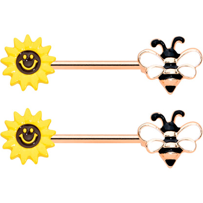 14 Gauge 9/16 Rose Gold Hue Bee Smiley Sunflower Nipple Ring Set