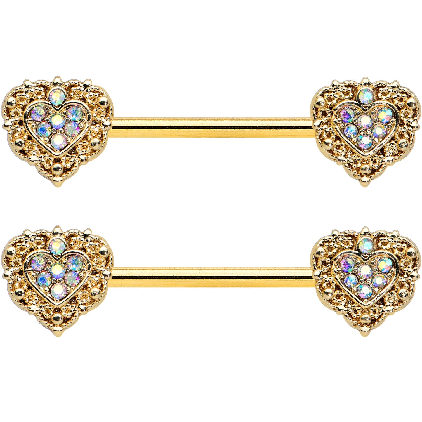 14 Gauge 9/16 Aurora Gem Gold Tone Baroque Heart Nipple Ring Set