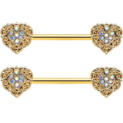 14 Gauge 9/16 Aurora Gem Gold Tone Baroque Heart Nipple Ring Set