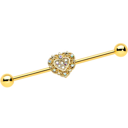 14 Gauge Aurora Gem Gold Tone Baroque Heart Industrial Barbell 38mm