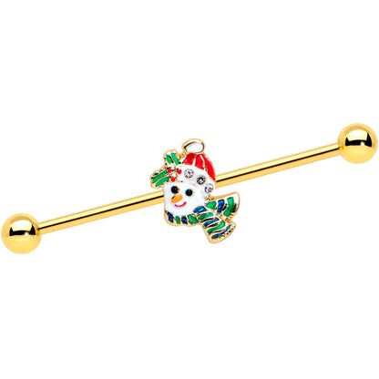 14 Gauge Clear Gem Gold Tone Snowman Christmas Industrial Barbell 38mm