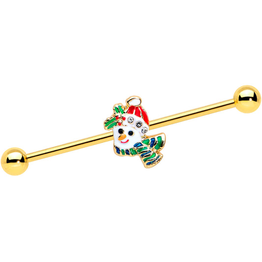 14 Gauge Clear Gem Gold Tone Snowman Christmas Industrial Barbell 38mm