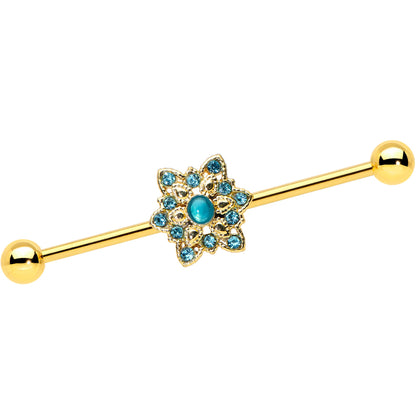 14 Gauge Blue Gem Gold Hue Snowflake Christmas Industrial Barbell 38mm