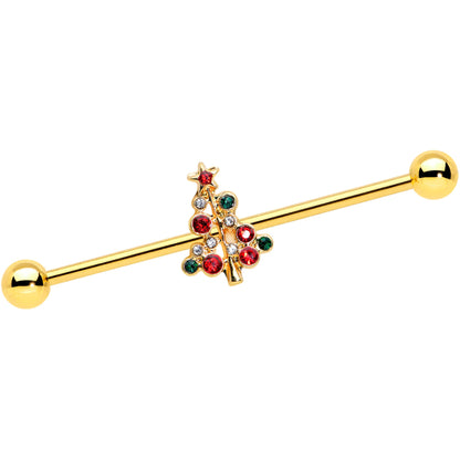 14 Gauge Red Gem Gold Tone Christmas Tree Industrial Barbell 38mm