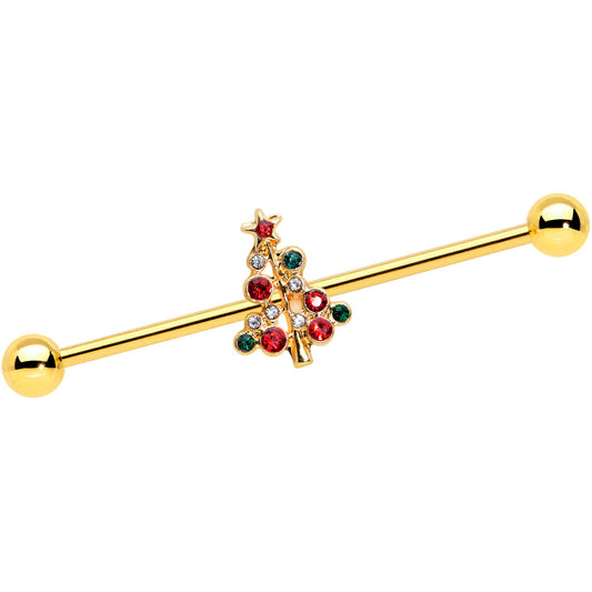 14 Gauge Red Gem Gold Tone Christmas Tree Industrial Barbell 38mm