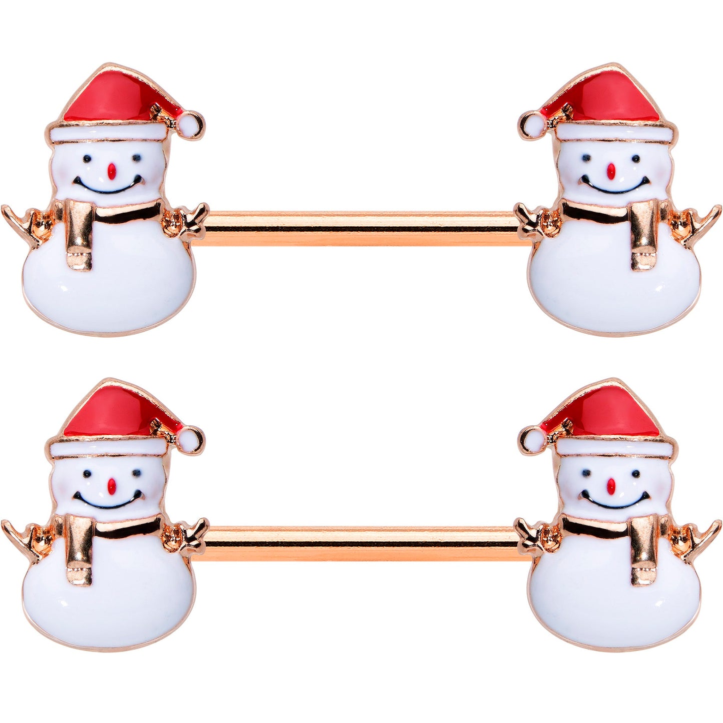 14 Gauge 9/16 Rose Gold Tone Smiling Snowman Christmas Nipple Ring Set