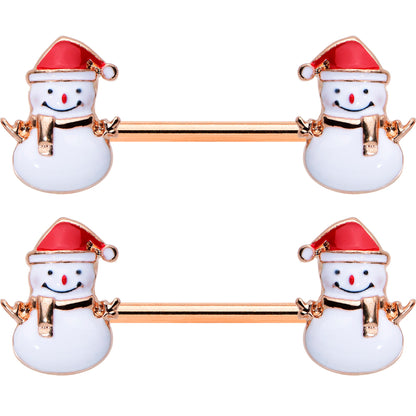 14 Gauge 9/16 Rose Gold Tone Smiling Snowman Christmas Nipple Ring Set