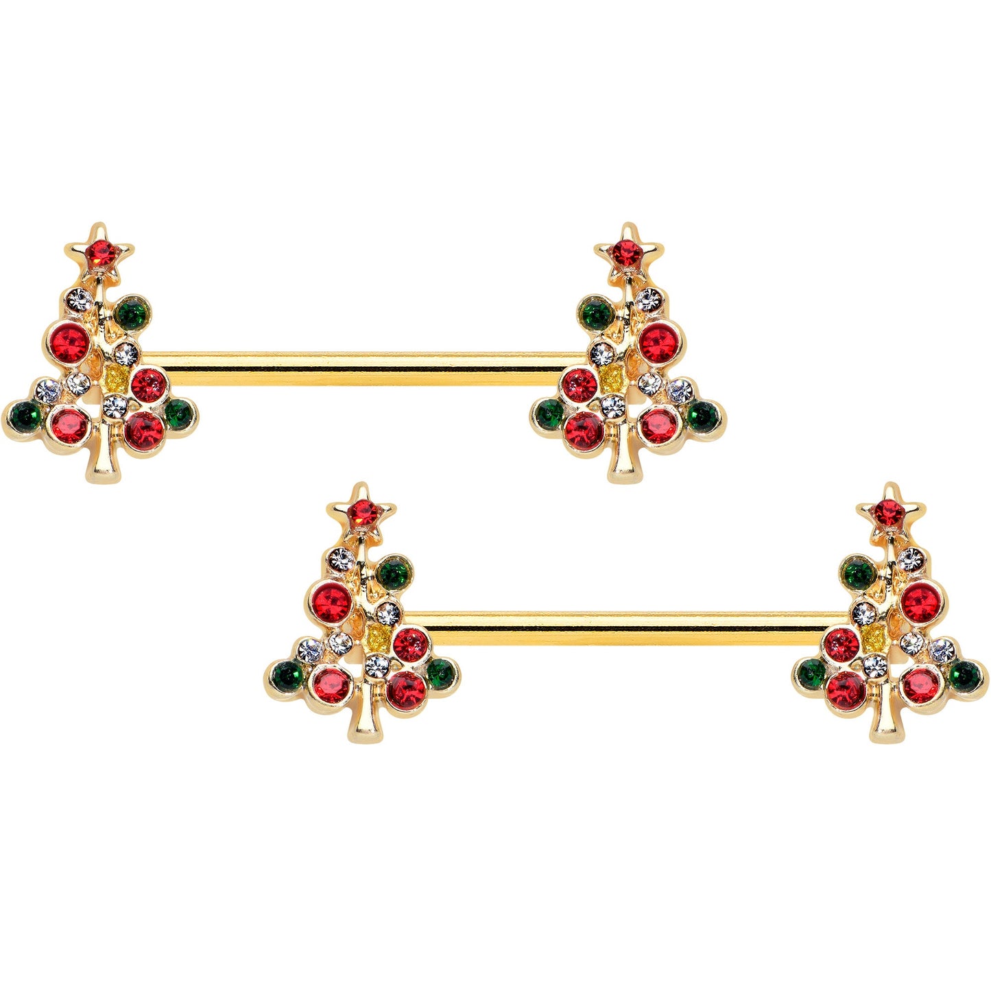 14 Gauge 9/16 Red Gem Gold Tone Christmas Tree Nipple Ring Set